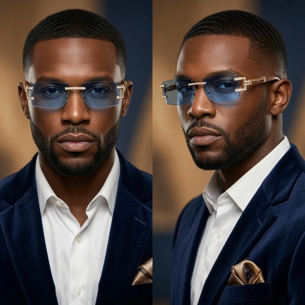 Rimless‎ Sunglasses Men Rectangle Blue Lens Wood Grain Arm Fashion Shades